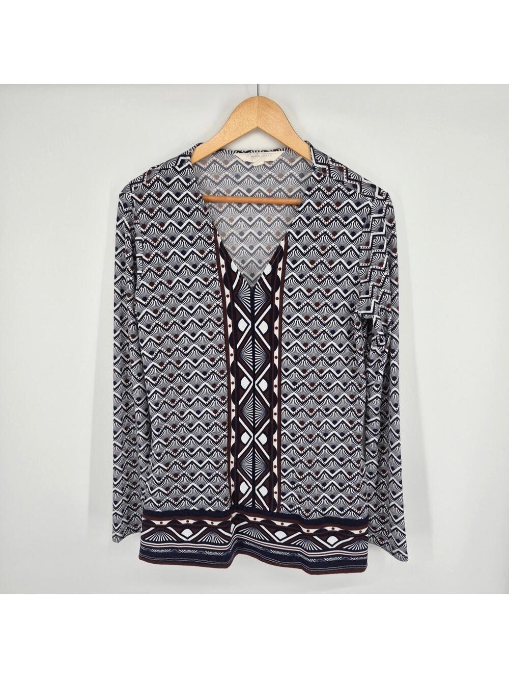 Magnolia Grace Blouse Long Sleeve V Neck Blue Brown Geometric Women's M Stretch